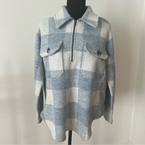 Madewell Boiled Wool Half Zip Popover Buffalo Check Blue White Pullover Sz Small
